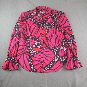 Milly Graphic Butterfly Satin Top Womens Large Button Front flounce cuffs
